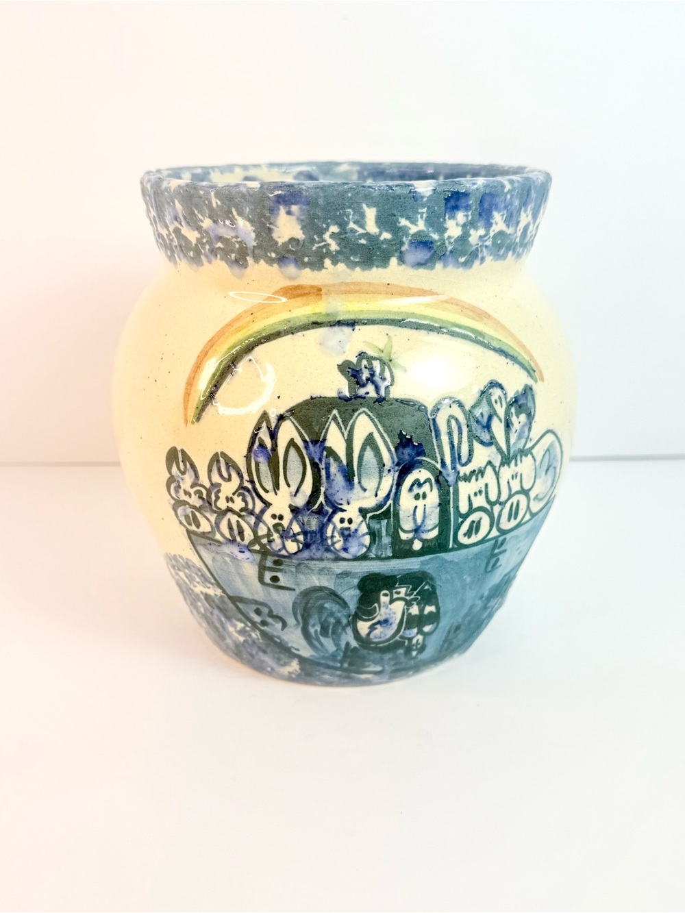 Vintage  RARE Pottery Noah's Ark Hand Painted Stoneware Large, 9” Crock Nursery